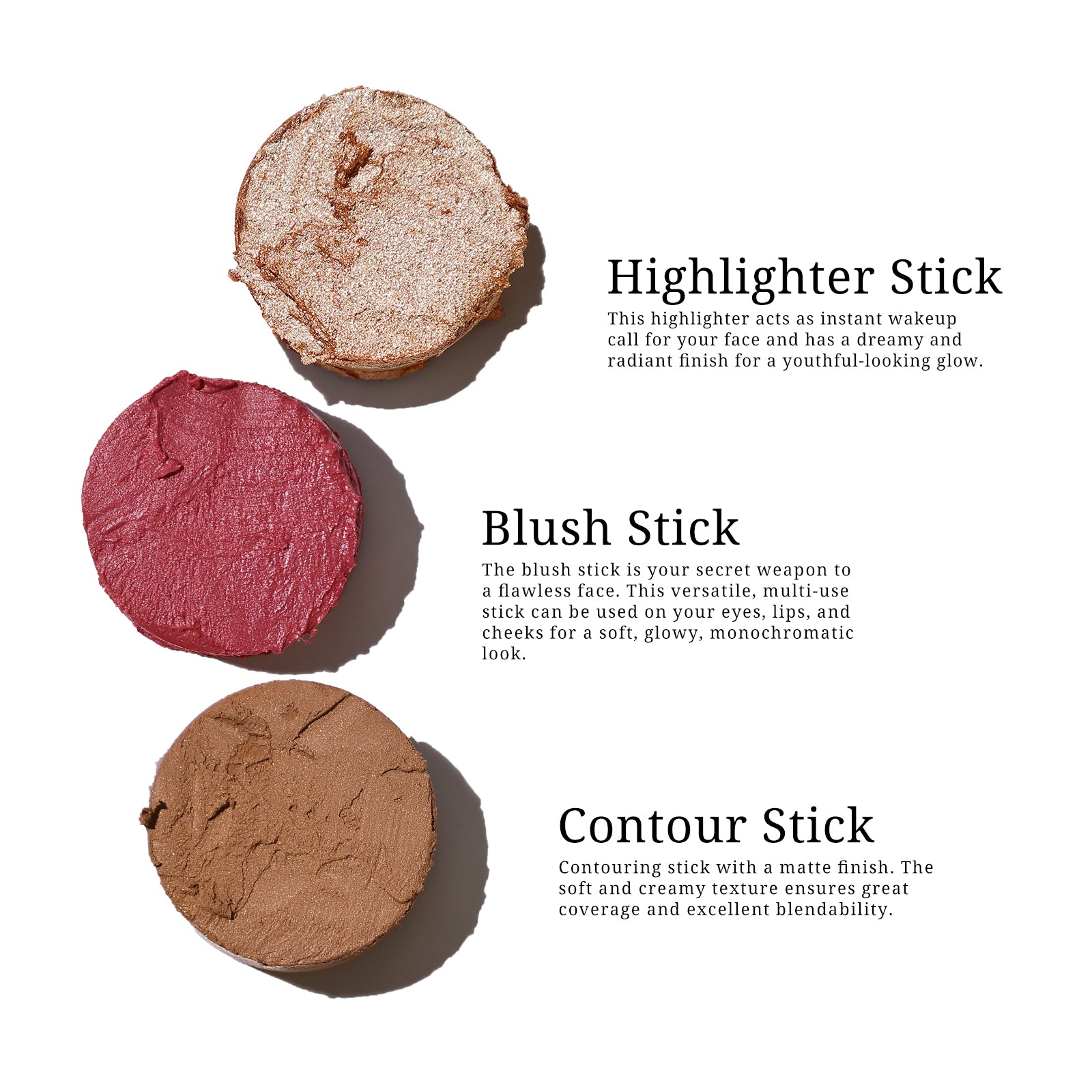 3 PCS Makeup Stick Kit: Highligher, Blush & Contour Set