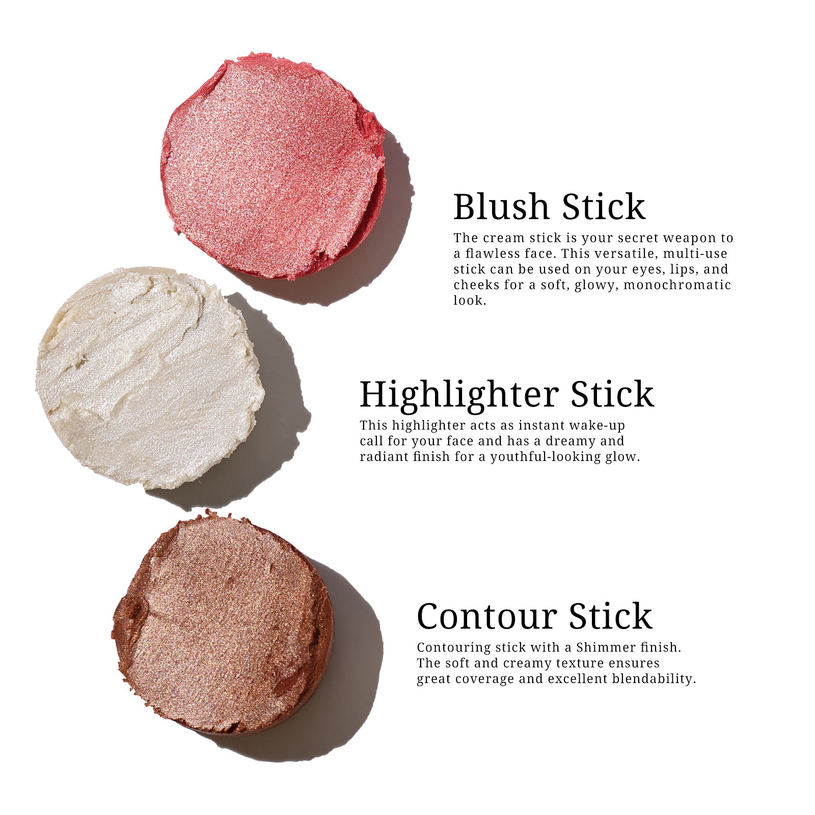 3 PCS Makeup Stick Kit: Highligher, Blush & Contour Set